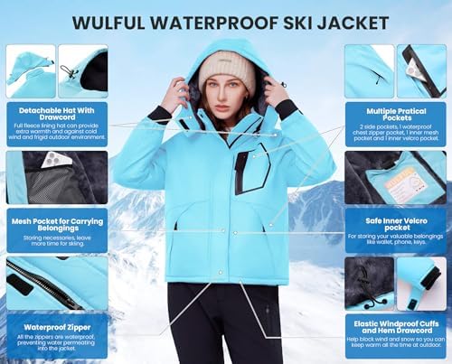 WULFUL Women's Waterproof Ski Jacket Warm Winter Coats Windproof Winter Jackets for Women Fleece Lined Windbreaker with Hood