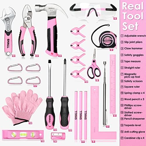 SHALL 26-Piece Kids Size Tool Set, Pink Real Tools for Kids with 12" Tool Bag, Safety Certified Children Learning Tool Kit with Hand Tools for Boys & Girls Age 6+, DIY Building, Woodwork, Construction