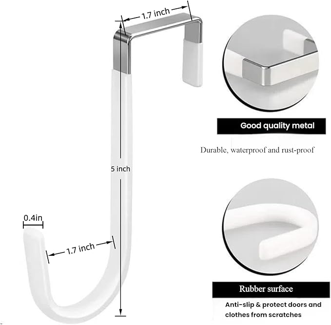 Over The Door Hooks, Door Hangers Hooks,Extra Long 5" Rustproof Organizer Hook with Soft Rubber Padding, No-Scratch Design for Towels, Robes, Coats, Bags (6 Pack White)