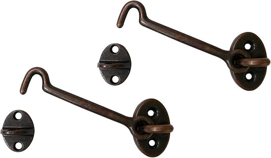 QCAA Heavier Duty Brass Door Hook Latch & Eye, 5", Antique Copper, 2 Pack, Made in Taiwan