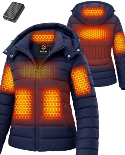 Wulcea Graphene Heated Jacket for Women Lightweight Hooded Puffer Waterproof 12V 18400mAh Large Capacity Battery Fast Charge
