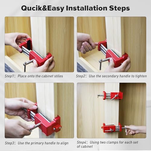 Cabinet Clamps, Cabinet Installation Cabinetry Clamps Face Frame Clamps Tools with Two Side Screws and Alignment Plate, 4 Pack, Red