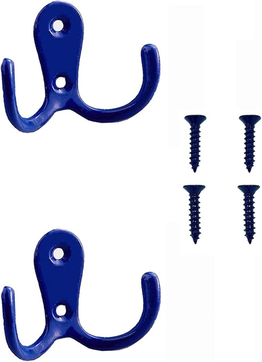 2 Pcs Double Prong Robe Hooks, Dual Coat Hooks Wall Mounted Hanging Clothes for Bathroom Bedroom Door Wall Retro Metal Cloth Hanger Double Coat Hooks with 4 Screws (Blue)