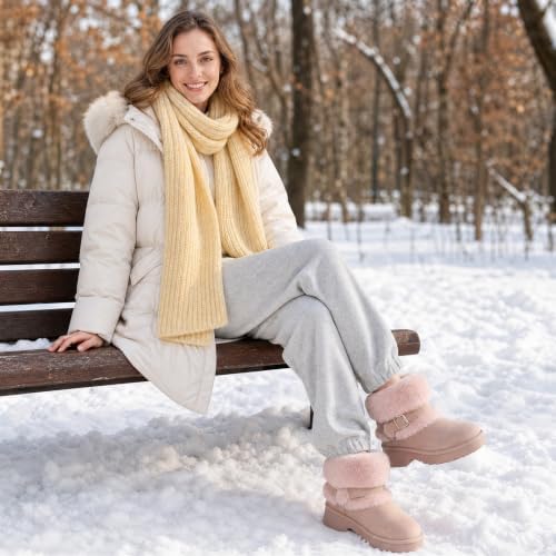 Furry Winter Boots for Women Block Heels Platform Buckle Slip On