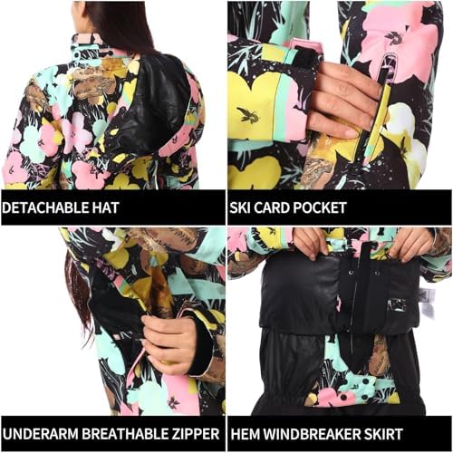 Womens Ski Jacket Pants Set Waterproof Snowboard Snow Pants Hooded