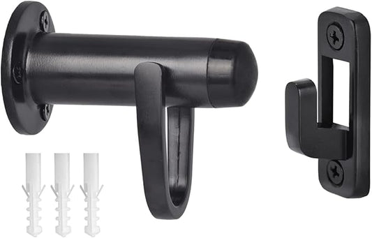HOMOTEK Heavy Duty Latch Hook Stop Windproof,Door Holder Stopper with Sound Dampening Rubber Bumper Wall Mounted, Black, 1 Pack