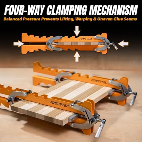 POWERTEC 16" Panel Clamps, 4-Way Pressure Cabinet Clamp Set with Storage Rack, Panel Glue-Up Clamps for Cutting Boards, Tabletops & Wood Panels (72436)