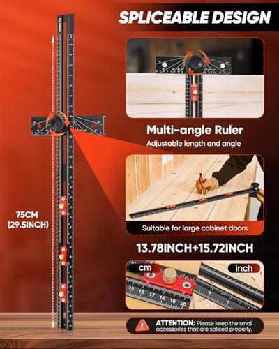 Saker 4-in-1 Scriber Marking Line Ruler, 29.5in Spliceable Extended T Square with Pencil, Precision Line Drawing & Drilling Positioning Tool, Cabinet Hardware Jig with Angle Adjustment for Woodworking