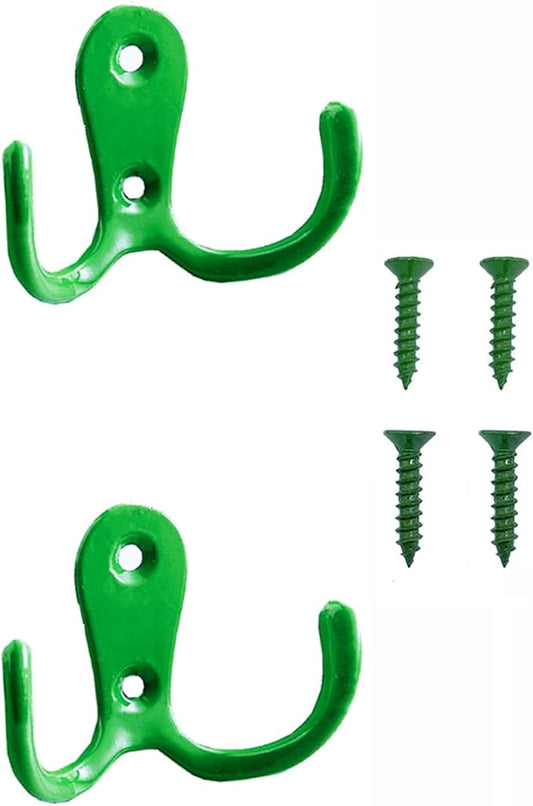 2 Pcs Double Prong Robe Hooks, Dual Coat Hooks Wall Mounted Hanging Clothes for Bathroom Bedroom Door Wall Retro Metal Cloth Hanger Double Coat Hooks with 4 Screws (Green)