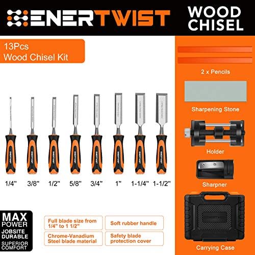 ENERTWIST 13pcs Wood Chisel Set, Premium Woodworking Chisel Sets w/ 8 CRV Construction Wood Chisels, 1 Sharpening Stone, 1 Honing Guide, 2 Carpenter Pencils, 1 Sharpener for Wood Carving in Hard Case