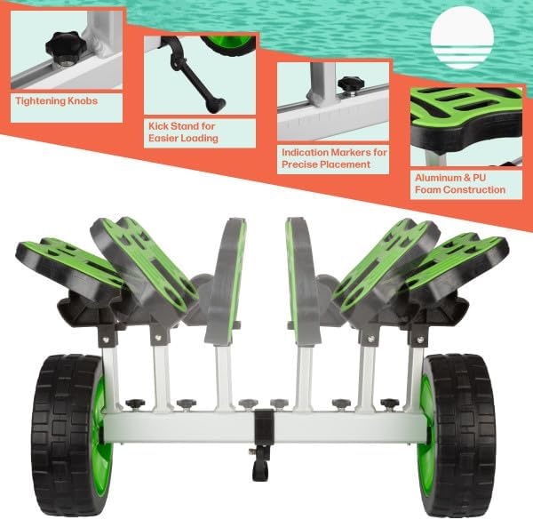 Kayak Cart - 140lb Capacity Canoe Dolly with Airless Tires, Aluminum Frame, and Straps for Small Watercraft - Kayak Accessories by RAD Sportz (Green)