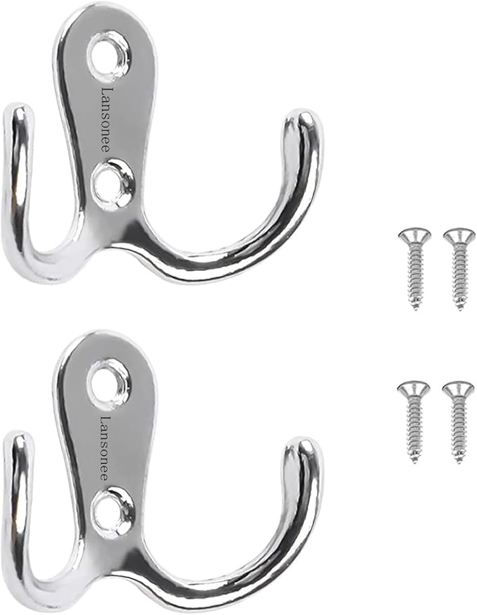 2 Pcs Double Prong Robe Hooks, Dual Coat Hooks Wall Mounted Hanging Clothes for Bathroom Bedroom Door Wall Retro Metal Cloth Hanger Double Coat Hooks with 4 Screws (Sliver)