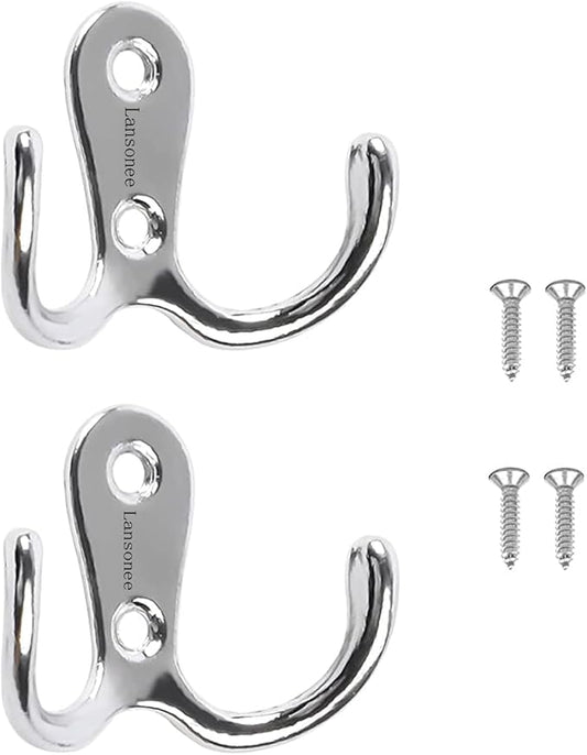 2 Pcs Double Prong Robe Hooks, Dual Coat Hooks Wall Mounted Hanging Clothes for Bathroom Bedroom Door Wall Retro Metal Cloth Hanger Double Coat Hooks with 4 Screws (Sliver)