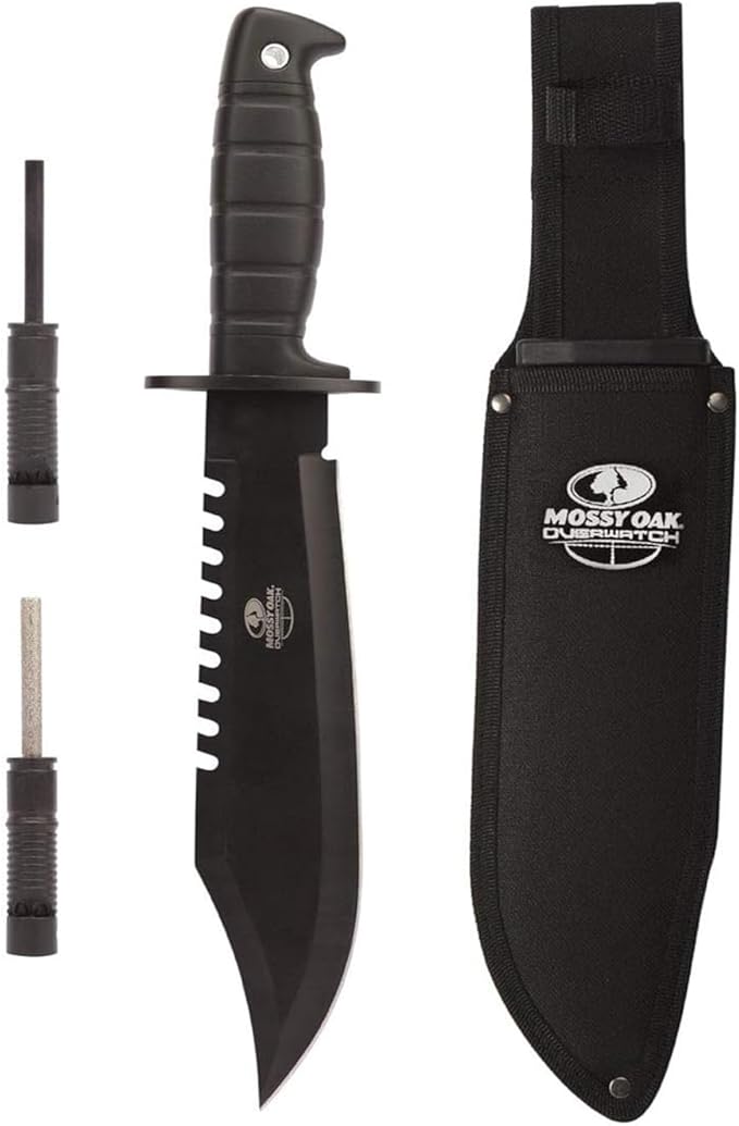 Mossy Oak Survival Hunting Knife with Sheath, 15-inch Fixed Blade Tactical Bowie Knife with Sharpener & Fire Starter for Camping, Outdoor, Bushcraft