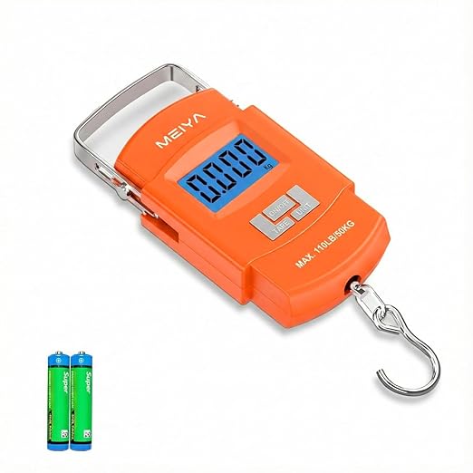 MEIYA Fish Scale 110lb/50kg Digital Fishing Scale with Backlit LCD, Portable Handle, Stainless Steel Hook & 2 AAA Batteries – Great Fishing Gifts for Men, Orange