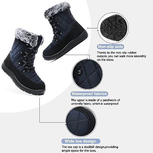 JSWEI Winter Boots for Women - Soft Comfortable Faux Fur Mid Calf Winter Snow Boots Totes Boots Lace up Snow Boots Winter Boots with Insulated Black for Outdoor