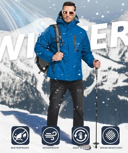 Mens Winter Jackets Waterproof Warm Fleece Ski Jacket with Hood Thermal Windproof Coat Zip Pockets