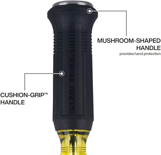 Klein Tools 6004DD 1/4-Inch Keystone Demolition Screwdriver, Steel Tip-to-Cap Construction Demo Screwdriver, Cushion-Grip Handle, Oversized Strike Cap, Square Shank with Wrench Assist