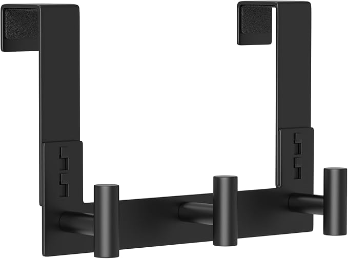 Stainless Steel Over Door Hooks, Over Door Hanger Holder for Robe Cloths, Heavy Duty Towel Hooks, Coat Rack, Doors Organizer for Bathroom, Bedroom, Locker Room & Closet (1Pack, Black-3 Hooks)
