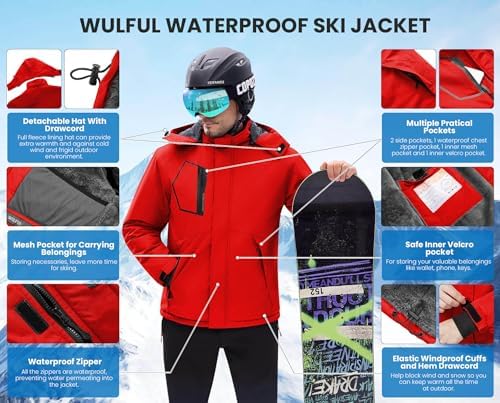 WULFUL Men's Waterproof Ski Jacket Warm Winter Coats Windproof Winter Jackets for Men Fleece Lined Windbreaker with Hood