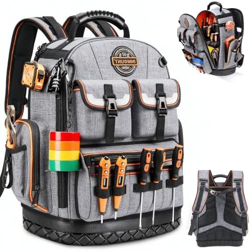 LOKASS Tool Backpack Heavy Duty, 18.5 in, 56 Pockets, Molded Bottom, Gray