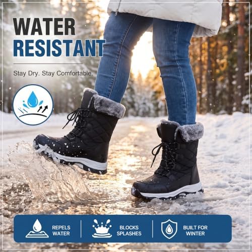 Women's Winter Snow Boots Waterproof Warm Lace Up Mid-Calf Booties