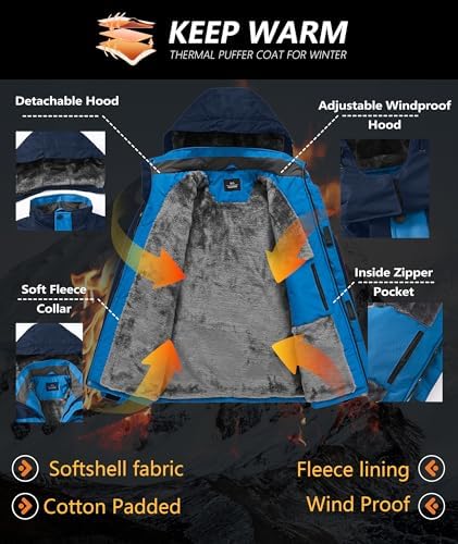 Mens Winter Jackets Waterproof Warm Fleece Ski Jacket with Hood Thermal Windproof Coat Zip Pockets