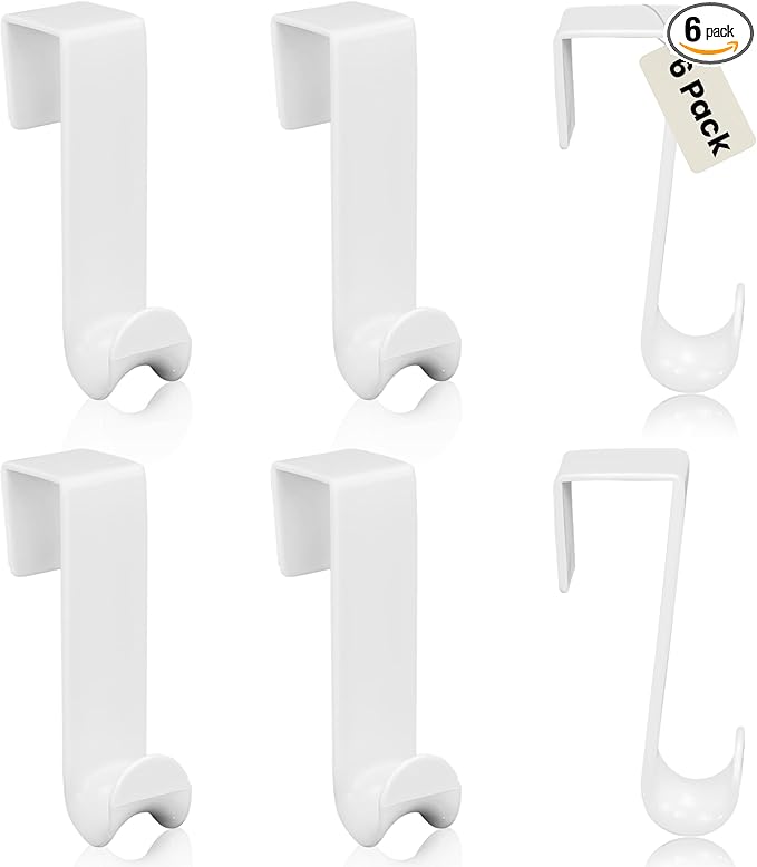 Iconikal 6-Pack Over The Door Hooks Plastic White Valet Hanger for Coats Towels Robes Bags Bathroom Bedroom Closet Organizer No Tools Bulk Pack