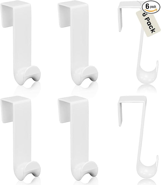 Iconikal 6-Pack Over The Door Hooks Plastic White Valet Hanger for Coats Towels Robes Bags Bathroom Bedroom Closet Organizer No Tools Bulk Pack