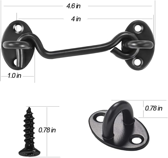 Cabin Hook and Eye Latch for Door, 2 Pack 4 Inches Barn Door Latch and Privacy Hooks, Cabin Door Gate Latche Best for Window, Bedroom, Sliding Door (Black)