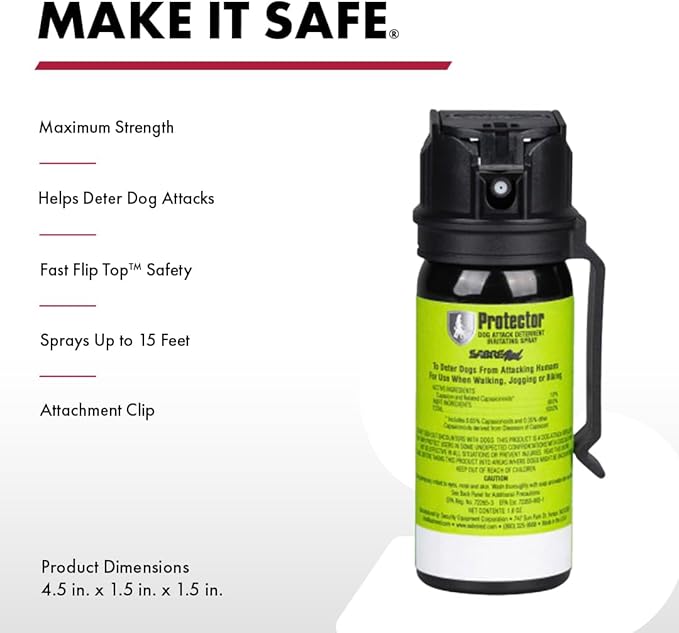 SABRE RED SABRE Protector Dog Pepper Spray & Belt Clip, Fast Flip Top Safety, 7 Bursts, 15-Foot (4.6-Meter) Range, Humane Dog Attack Deterrent, Max Strength Allowed By EPA for Self Defense, 1.8 fl oz