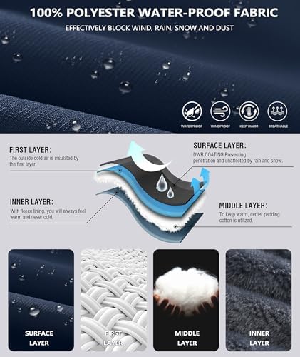 Mens Winter Jackets Waterproof Warm Fleece Ski Jacket with Hood Thermal Windproof Coat Zip Pockets