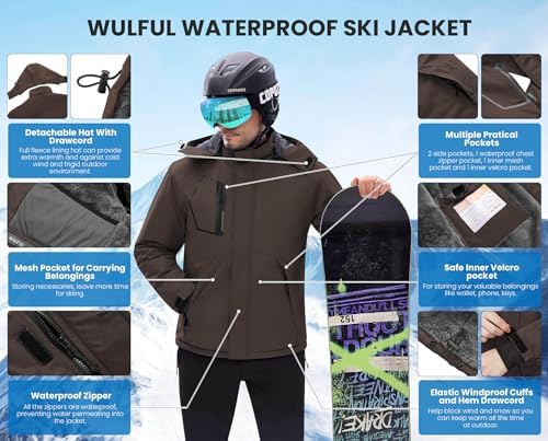 WULFUL Men's Waterproof Ski Jacket Warm Winter Coats Windproof Winter Jackets for Men Fleece Lined Windbreaker with Hood