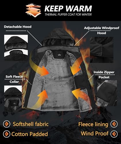 Mens Winter Jackets Waterproof Warm Fleece Ski Jacket with Hood Thermal Windproof Coat Zip Pockets