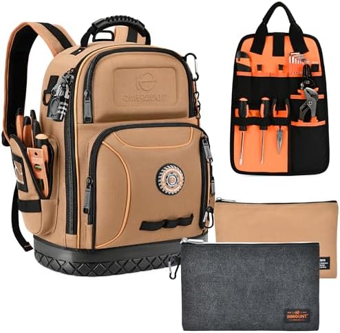Tool Bag Backpack with 2 Canvas Tool Pouch Tool Kit, 75 Pockets & Loops Heavy Duty Tools Organizer/HVAC Tool Carrier for Eelectrician/Construction Work with Molded Base and Combination Lock, Brown