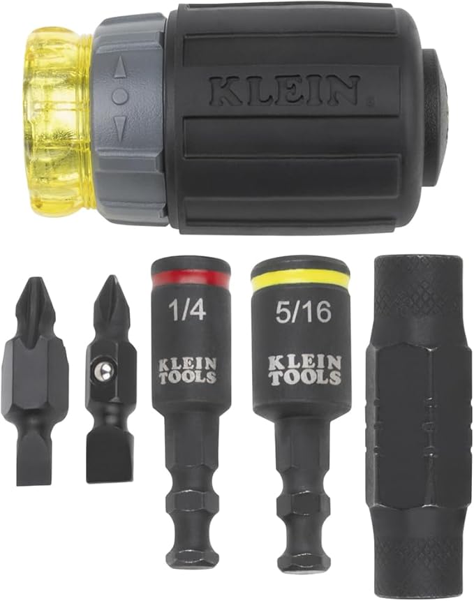 Klein Tools 32561HDRT KNECT 7-in-1ラチェットスクリュードライバー、耐衝撃性、スタビー、プラスビット、マイナスビット、3ナットドライバー、アダプター、7点セット