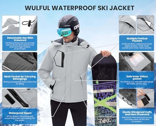WULFUL Men's Waterproof Ski Jacket Warm Winter Coats Windproof Winter Jackets for Men Fleece Lined Windbreaker with Hood