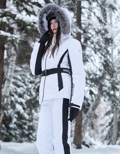 Womens Ski Jacket Fitted Snow Coat with Belted Fur Hood