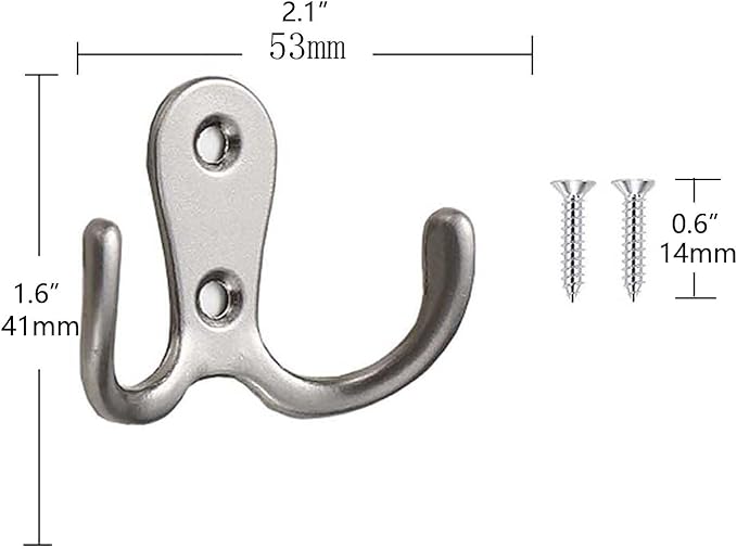 2 Pcs Double Prong Robe Hooks, Dual Coat Hooks Wall Mounted Hanging Clothes for Bathroom Bedroom Door Wall Retro Metal Cloth Hanger Double Coat Hooks with 4 Screws (Matte Silver)