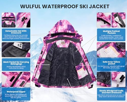 WULFUL Women's Waterproof Ski Jacket Warm Winter Coats Windproof Winter Jackets for Women Fleece Lined Windbreaker with Hood