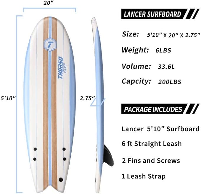 THURSO SURF Lancer 5'10'' Soft Top Foam Surfboard Fish Surf board for Kids & Adults Includes Twin Fins Double Swivel Leash EPS Core IXPE Deck HDPE Slick Bottom Non-Slip Deck Grip - Perfect for Surfing