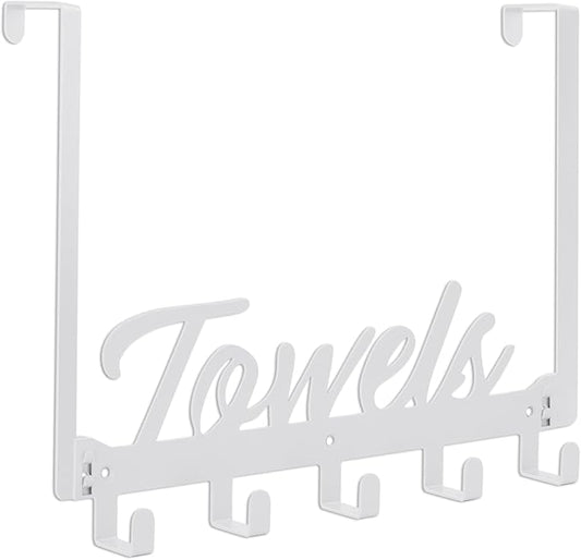 Over The Door Hooks, Towel Rack for Bathroom & Bedroom, Heavy Duty Over Door Towel Hanger with 5 Coat Hooks, White