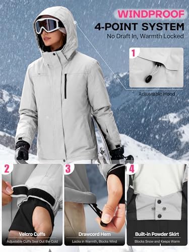 FREE SOLDIER Women's Waterproof Ski Snow Jacket Fleece Lined Warm Winter Rain Jacket with Hood Fully Taped Seams