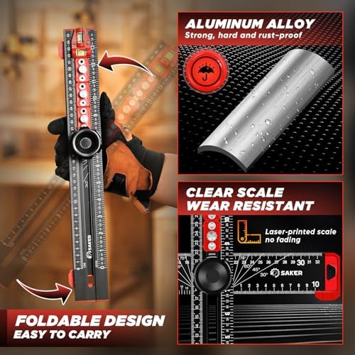 Saker 4-in-1 Drilling Positioning Ruler, Adjustable 13.78in Multifunctional T Square Ruler, Cabinet Hardware Jig, Marking Gauge Tools for Woodworking, Cabinet Drawer Door Hole Drilling Template