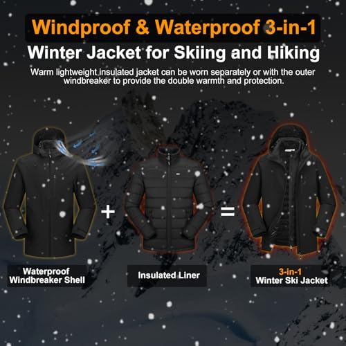 33,000ft Men's Hooded Waterproof 3 in 1 Snow Ski Jacket Winter Puffer Coat