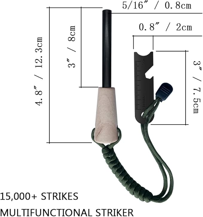 Fire Starter Survival Kit, Larger Ferro Rod with Striker Lanyard 3in Long Flint and Steel, 13.8in Wick Hemp Cord, Multifunctional Bag