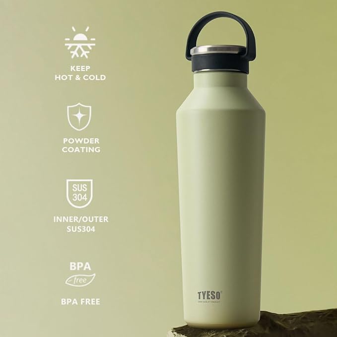 TYESO Stainless Steel Vacuum Insulated Water Bottle, Insulated Water Bottle with Soft Silicone Carry Handle (KHAKI, 17 OZ)