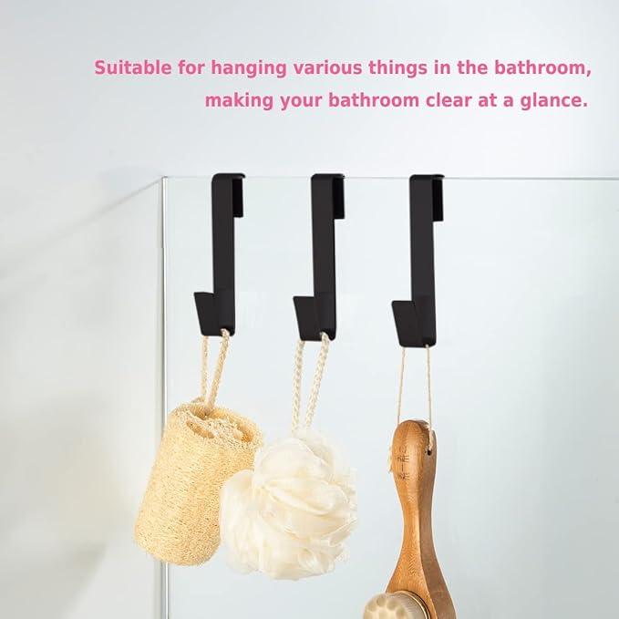 Extended Shower Hooks, Towel Hooks for Frameless Glass Shower Door, 3 Pack Matte Black Stainless Steel