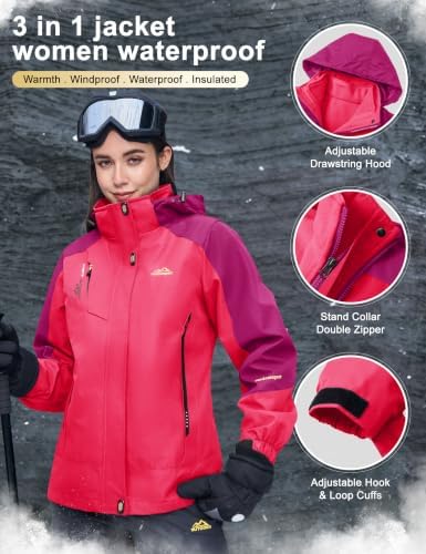 MAGCOMSEN Women's 3-in-1 Winter Coats Snow Ski Jacket Waterproof Windproof Fleece Lined Winter Jacket Parka