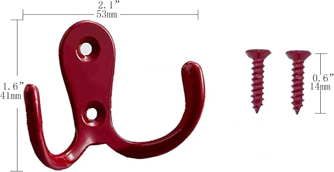 2 Pcs Double Prong Robe Hooks, Dual Coat Hooks Wall Mounted Hanging Clothes for Bathroom Bedroom Door Wall Retro Metal Cloth Hanger Double Coat Hooks with 4 Screws (Red)